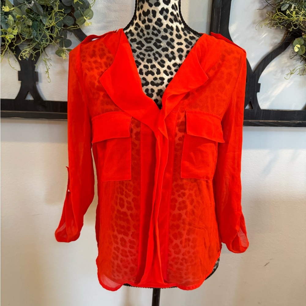 Beautiful, sheer red woman’s blouse size small more red than orange‎